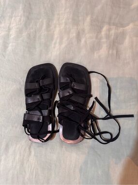 Square Toe Black Strappy Lace-Up Flat Sandals